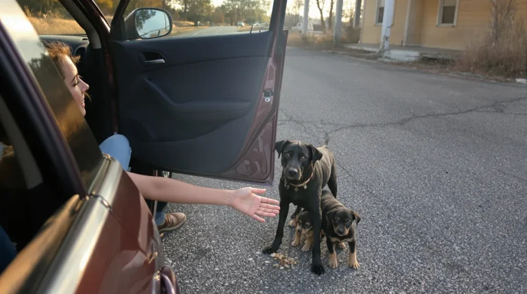 En voyant une chienne et ses 2 chiots au bord de la route, une automobiliste fait aussitôt demi-tour